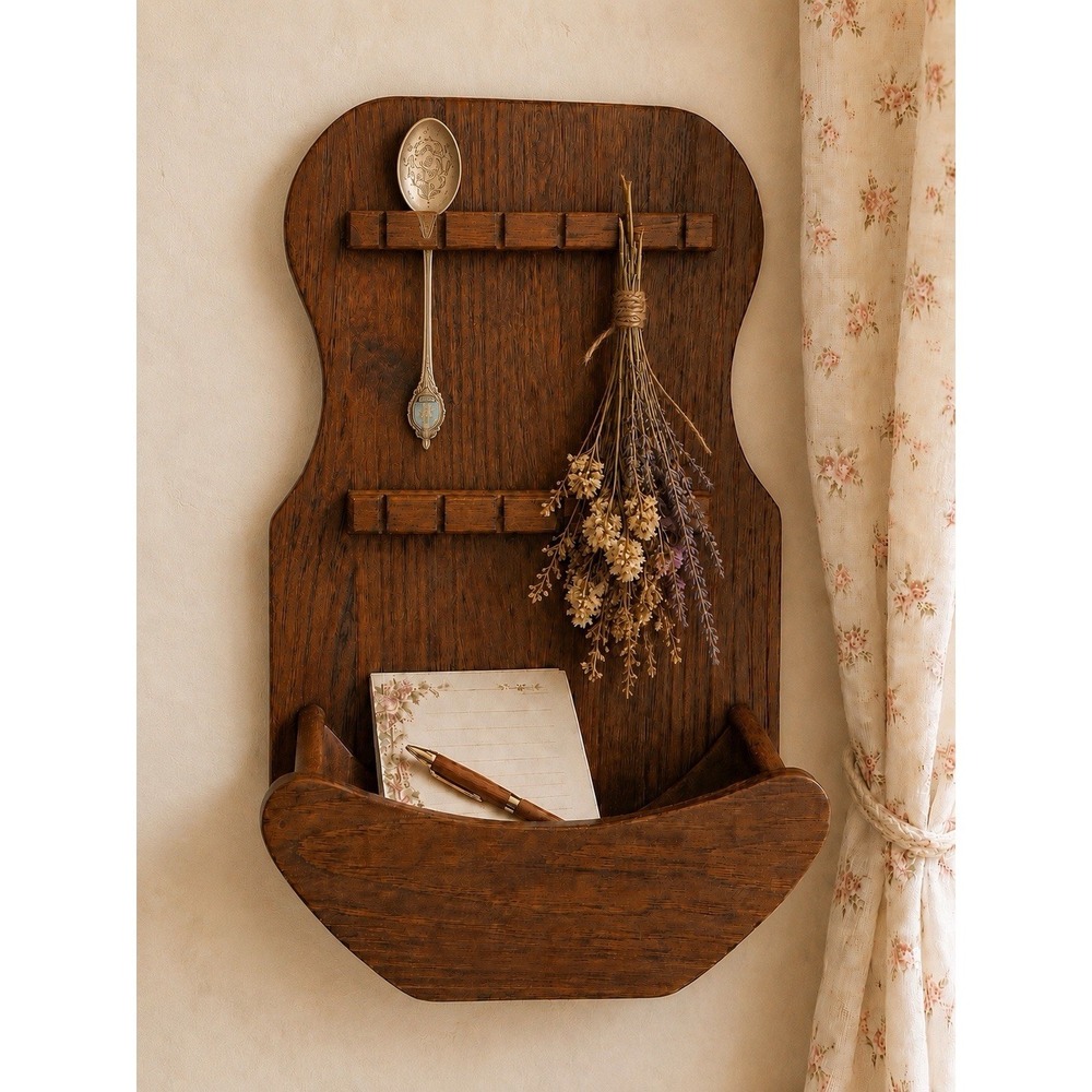 Vintage Large Wooden Spoon Holder Wall Rack Rustic Kitchen Shelf Organizer